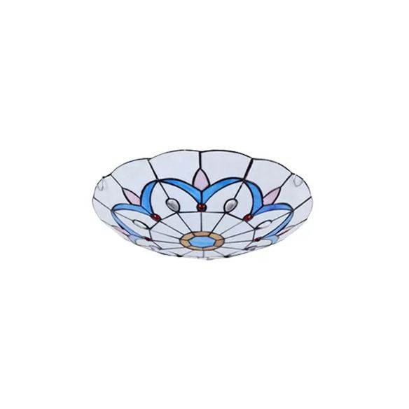 White Tiffany Ceiling Lights, 2-Lights Flush Mount Light with Art Glass Floral Shade and Jewel for Bedroom