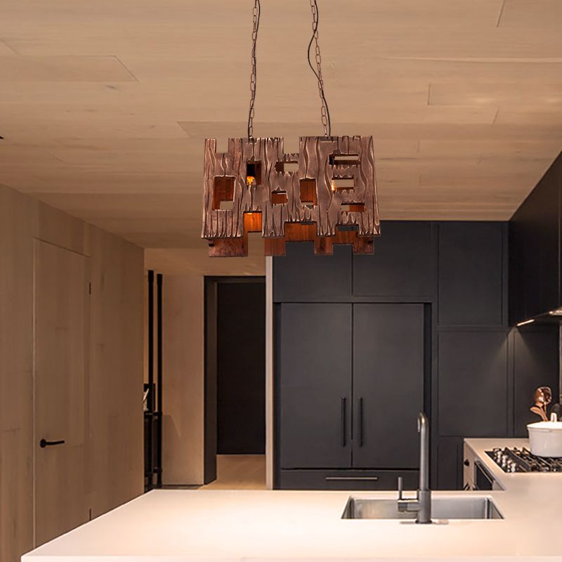 Rectangle Restaurant Island Chandelier Light Wood 2/3 Bulbs Countryside Pendant Lamp with Hollow Out Design in Brown