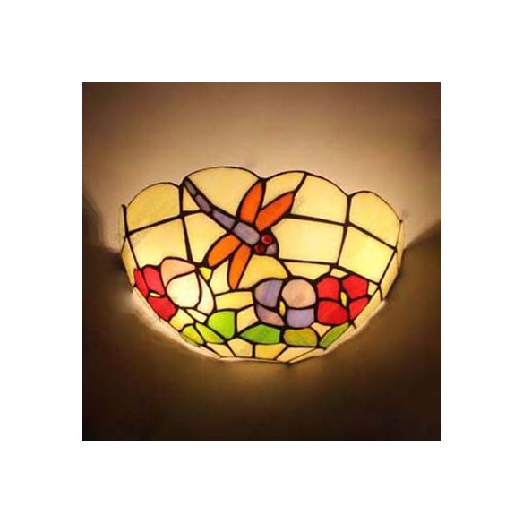 Country Style Bowl Wall Light with Dragonfly and Flower 2 Lights Art Glass Wall Sconce for Bedroom