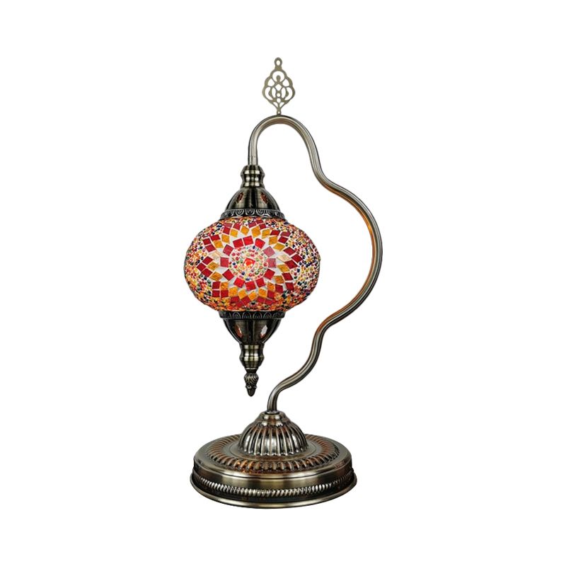 Stained Art Glass Globe Table Lamp Art Deco 1 Head Restaurant Night Light with Curvy Arm in White/Red/Yellow