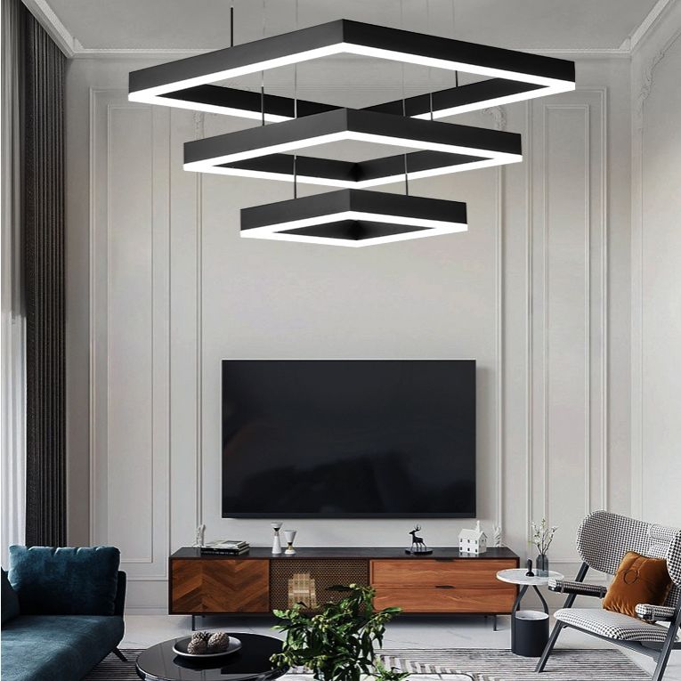 Modern Chandeliers For Dining Room Multiple Squares Pendant Lighting Fixtures in Black Finish