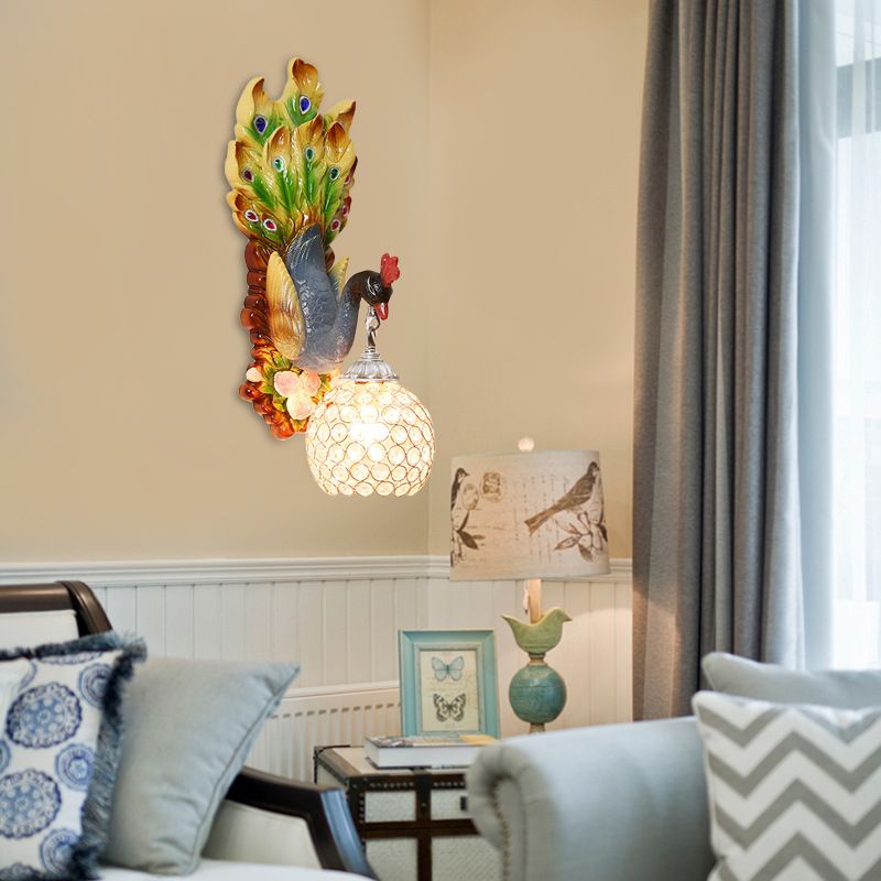 Dome Crystal Wall Mounted Light Antique 1 Light Bedroom Sconce Lamp with Blue/Gold/White Peacock Backplate