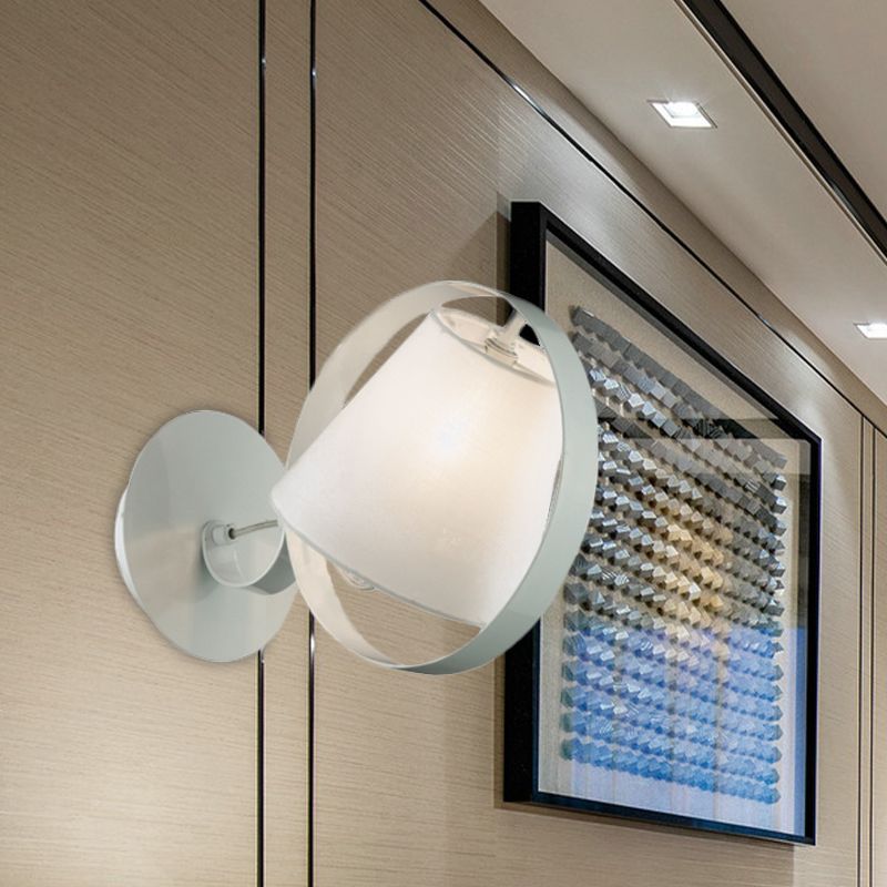 Simple Bucket Fabric Sconce Lamp 1 Bulb Wall Mount Light Fixture in White with Metal Ring