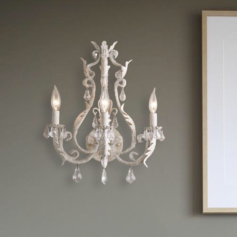 Traditionalism Candlestick Wall Mount Lamp 3 Heads Draped Crystal Wall Sconce Lighting in Grey/Ivory