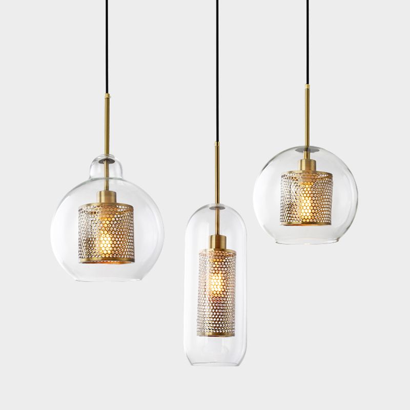 Brass 1 Light Hanging Pendant Light Modern Minimalist Clear Glass Dining Table Hanging Lamp