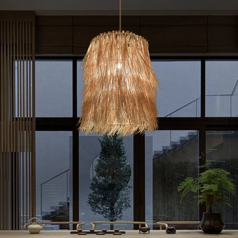 Tassel Pendant Lighting Asian Inspired Rattan 1 Bulb Dining Room Hanging Lamp in Beige