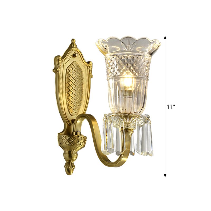 Vintage Floral Shade Up Wall Light 1 Light Clear Crystal Glass Wall Mounted Lamp in Gold