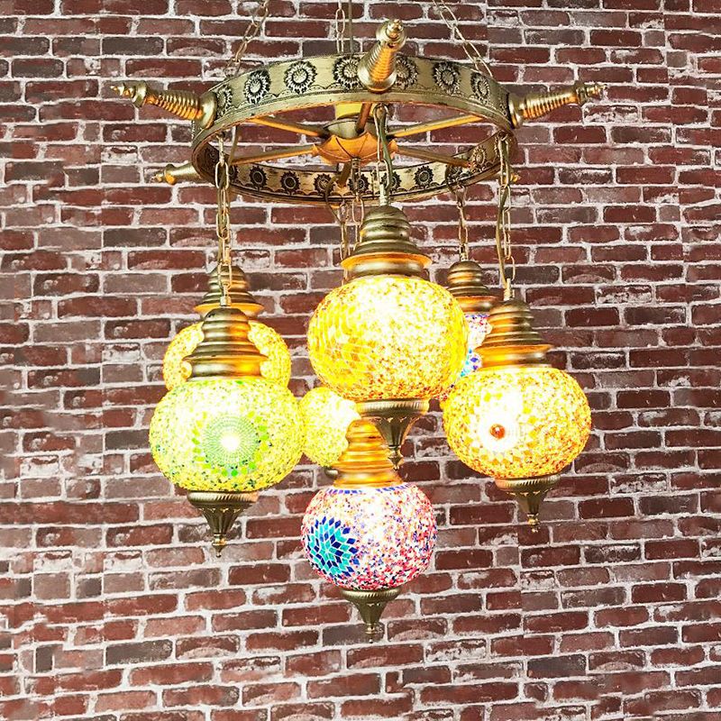 Globe Ceiling Chandelier Retro Colorful Glass 7 Heads Bronze Pendant Lighting Fixture for Living Room
