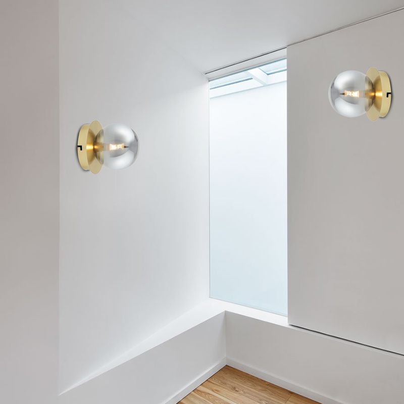Single Bedroom Wall Sconce Light Simplicity Golden Wall Light Fixture with Smoke Grey Sphere Glass Shade