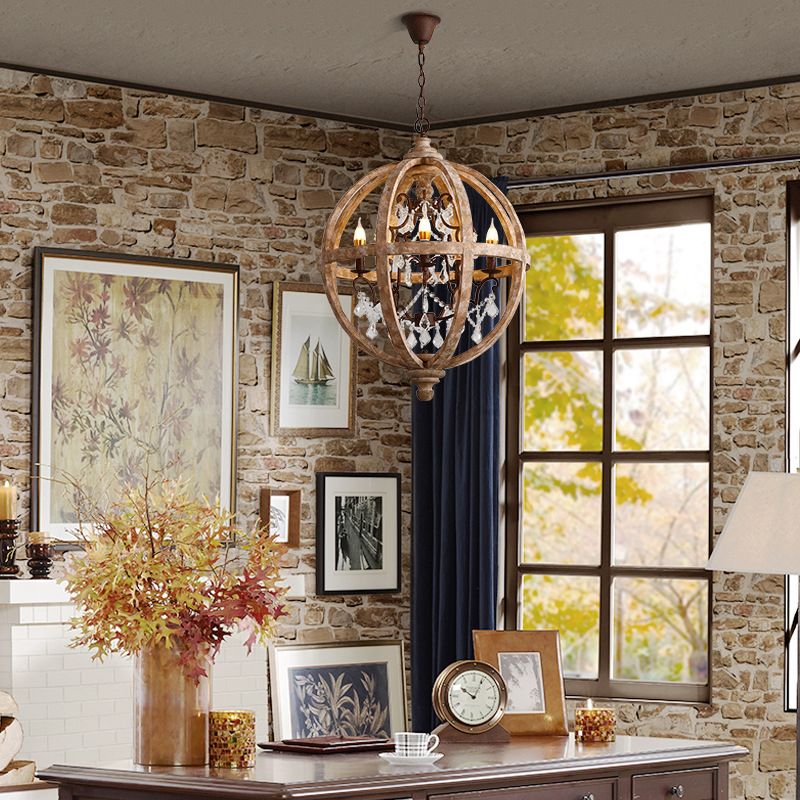 French Retro Chandelier Wood Crystal Pendant Light Fixture for Bedroom Living Room