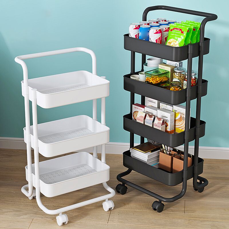 Industrial Vertical Etagere Bookshelf Iron Frame Plastic Shelf with Caster Wheels