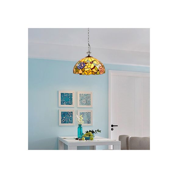 Tiffany Multi-Colored Pendant Light with Flower and Dragonfly 12"/16" W Domed Shade Glass Hanging Light for Kitchen