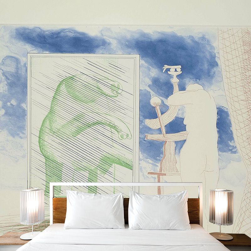 Hockney the Blue Guitar Murals in Green Art Deco Wall Covering for Bedroom, Custom Made