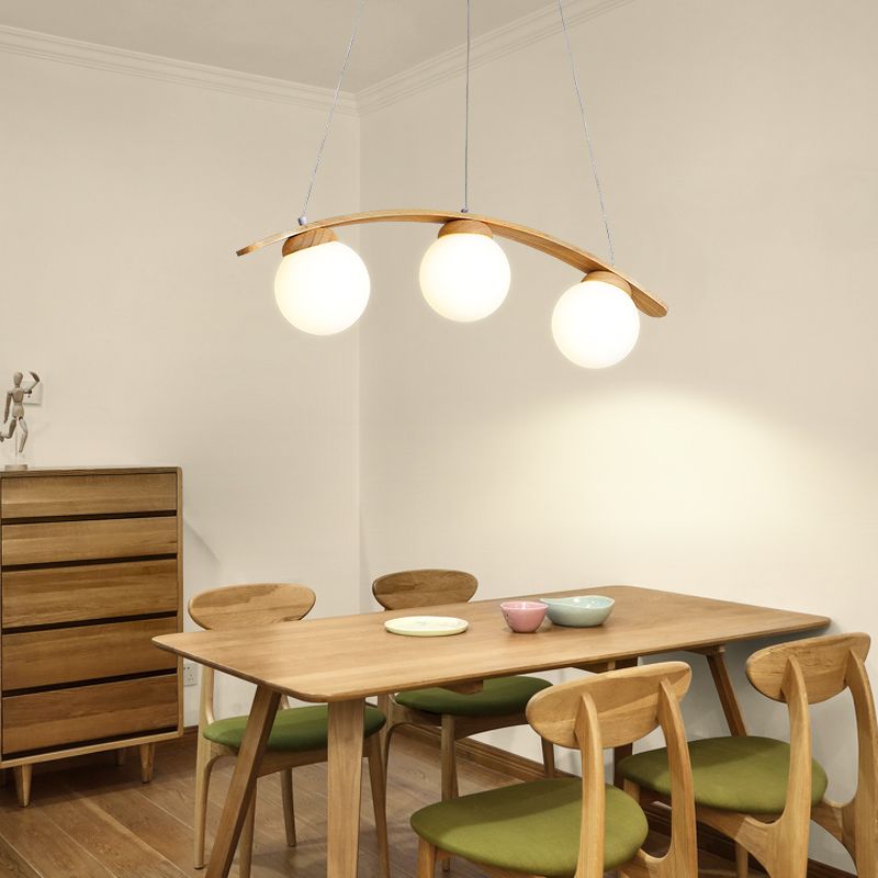 Arc Island Ceiling Light Nordic Wooden 3-Head Dining Room Hanging Lamp with Ball White Glass Shade