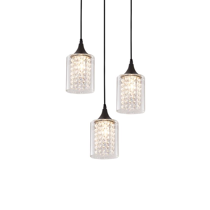 Cilindro in vetro trasparente multiplo a sospeso lampada a pendolo nero minimalista a 3 luci con baldacchino lineare/rotondo