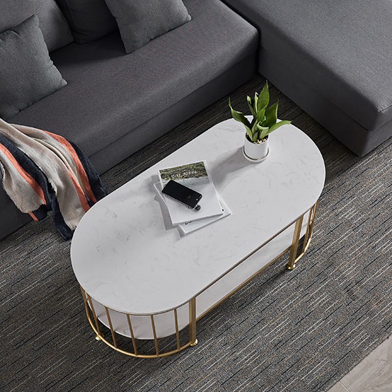 Glam Marble Top Coffee Cocktail Table with Oval Top and Iron Base