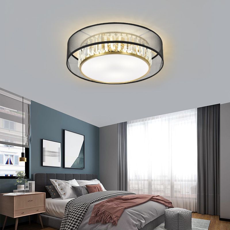 Modern Flush Light Drum Ceiling Lighting with Crystal and Fabric for Bedroom