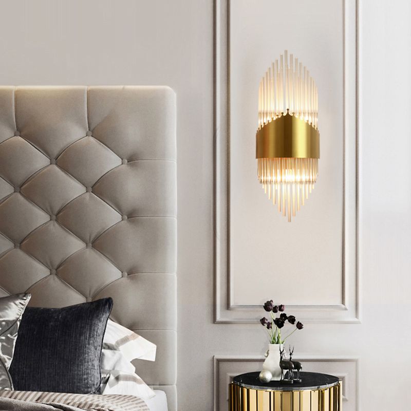 Fluted Crystal Flush Wall Sconce Postmodern Style 2-Bulb Gold Wall Lamp for Living Room