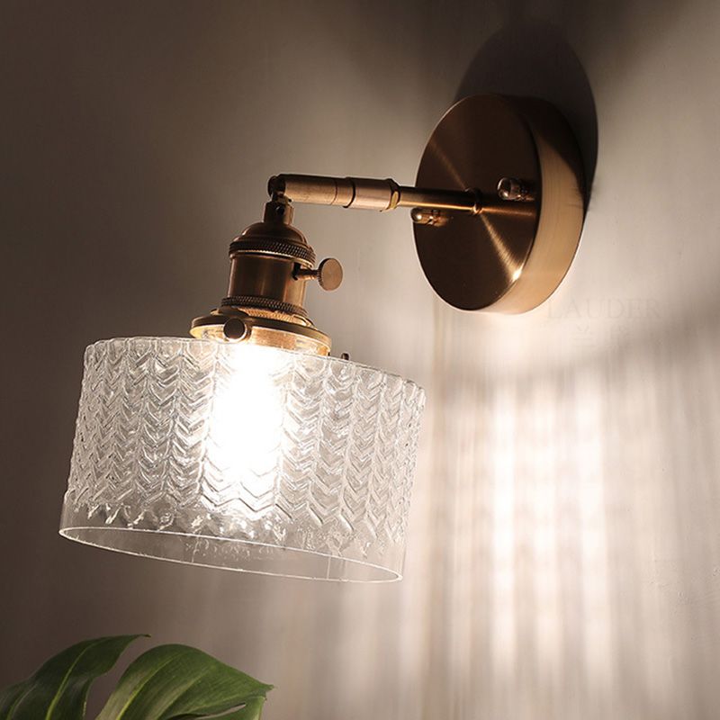 Industrial Style Drum Shade Wall Lamp Glass 1 Light Sconces for Bedroom