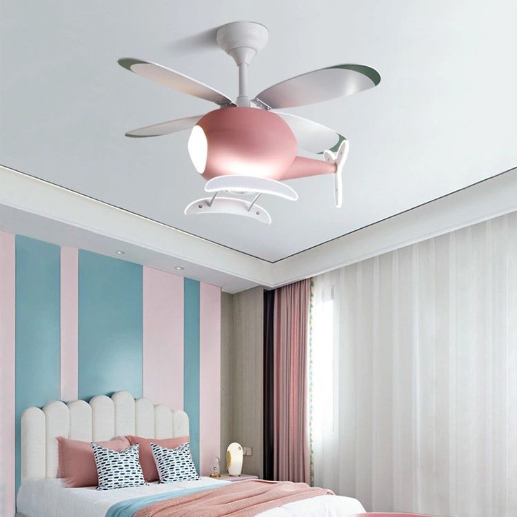 Wooden LED Fan Pendant in Kids Creative Style Iron Airplane Hanging Lamp with Acrylic Shade