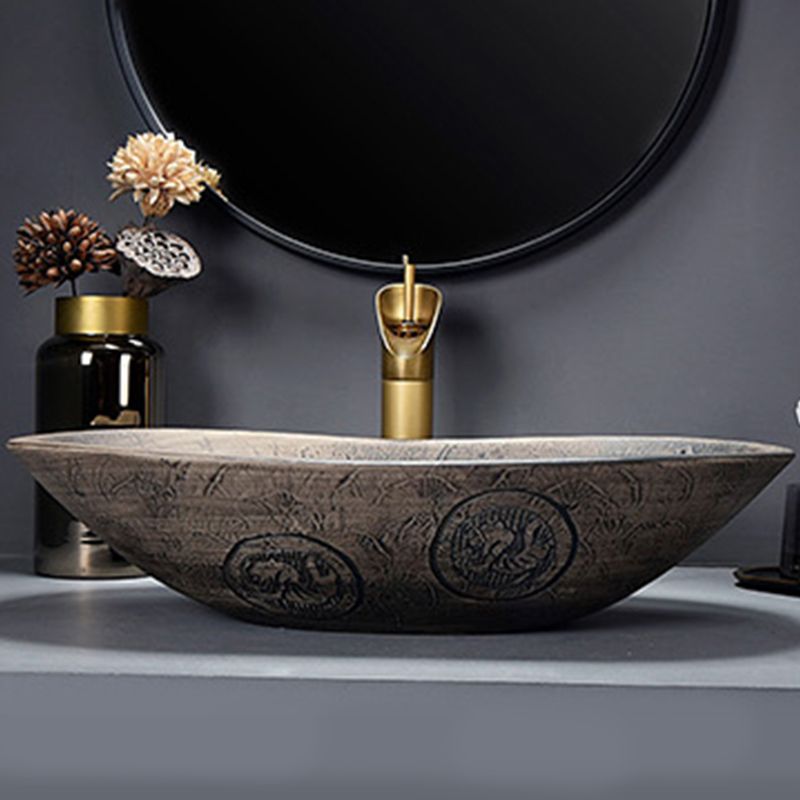 Traditional Vessel Bathroom Sink Oval Porcelain with Overflow and Drain Assembly Vessel