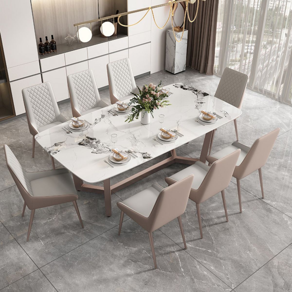 Traditioneller Luxus -Esstisch Rechteck Sintered Stone Trestle Basistisch