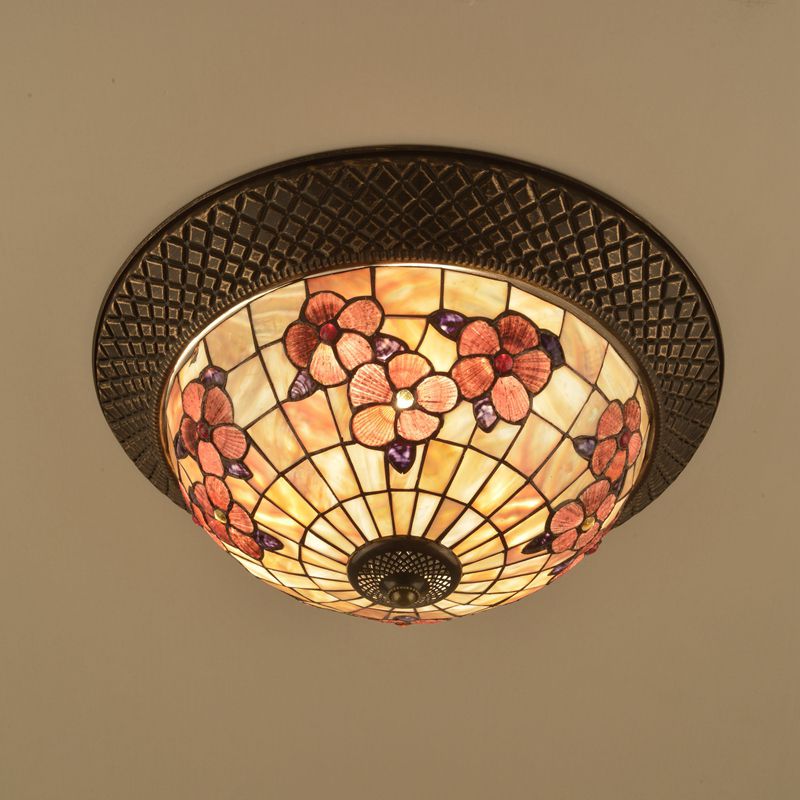 Bronze Cap Shape Flush Light Tiffany LED Shell Flush Mount Ceiling Fixture with Trellis Pattern