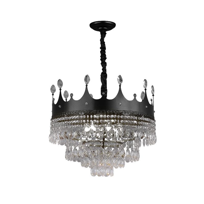Metal Crown Chandelier Lighting Kids 4/5/6 Lights Black Hanging Lamp with Crystal Drop Decor over Dining Table
