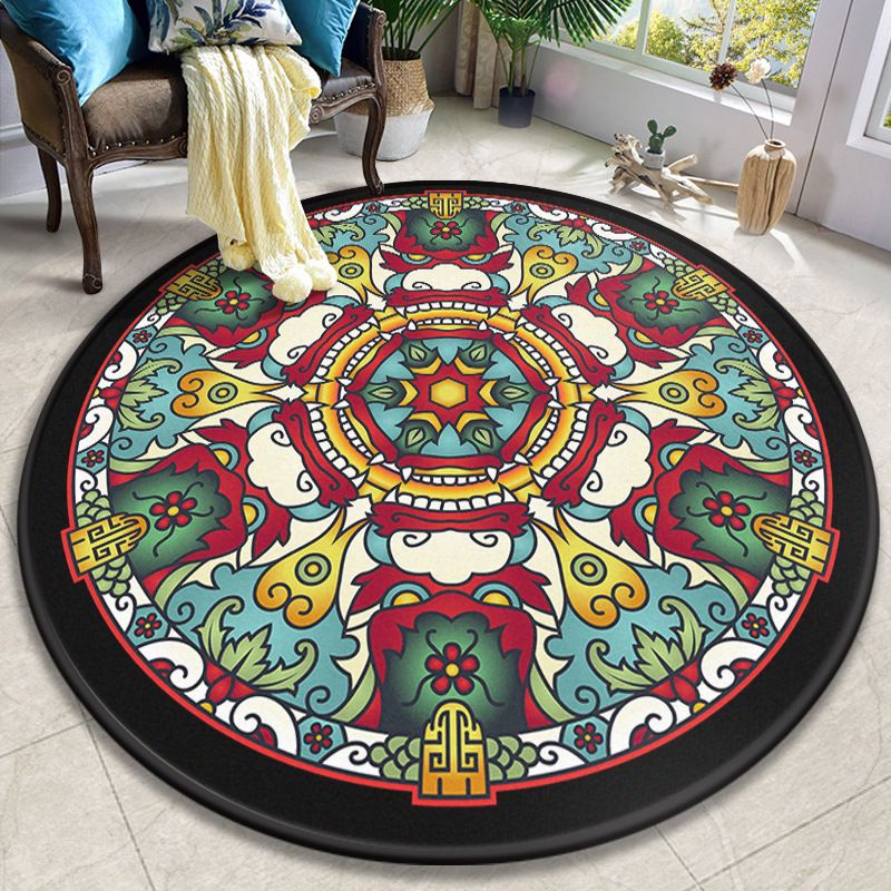 Colorful Mandala Rug Polyester Turkish Indoor Rug Anti-Slip Backing Machine Washable Pet Friendly Carpet for Sitting Room