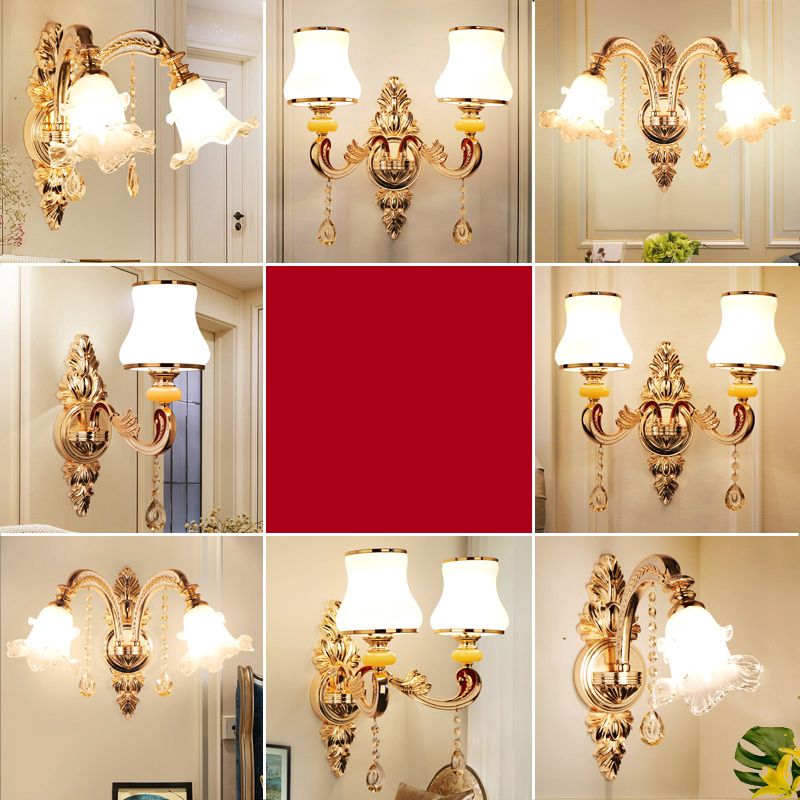 Frosted Glass Flower Wall Mount Light Traditional Corridor Wall Light Fixture with Crystal Draping in Gold