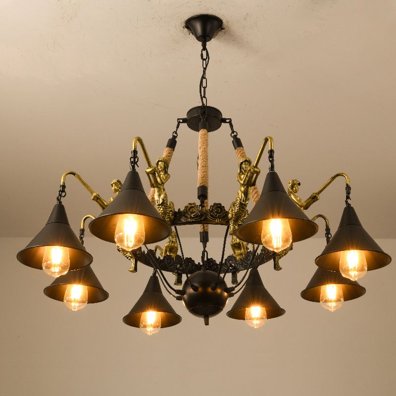 Farm Conical Pendant Chandelier Metal Suspension Lamp with Mermaid Arm in Black for Living Room