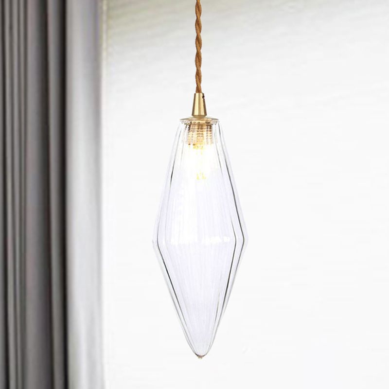 Diamond Pendant Light Fixture Contemporary Amber/Clear Glass 1 Light 3"/4" Wide Dining Room Hanging Lamp Kit