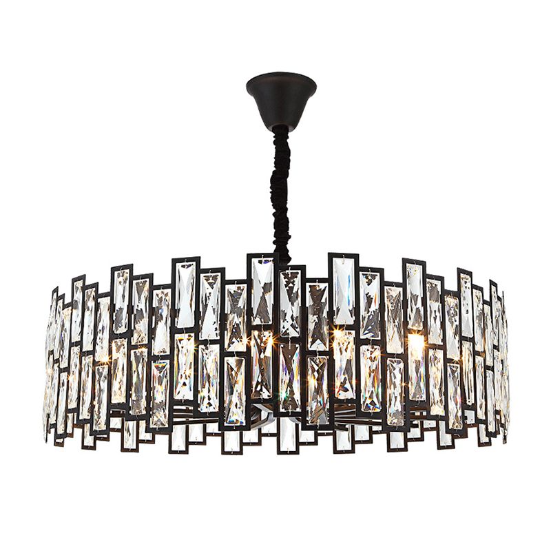 Drum Shaped Beveled Crystal Chandelier Lighting Minimalist Black Pendant Light for Living Room