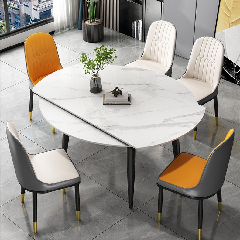 Round Dining Table White Stone Table Top with Black Metal Legs