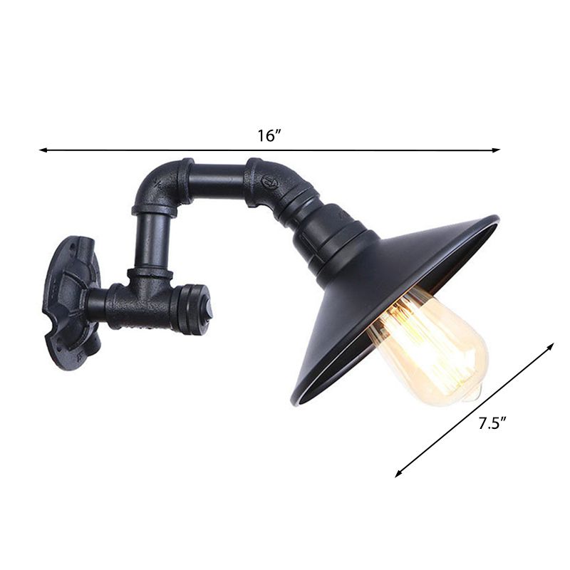 Matte Black Piped Wall Mount Light with Cone Shade Industrial Metal 1 Head Corridor Wall Lighting