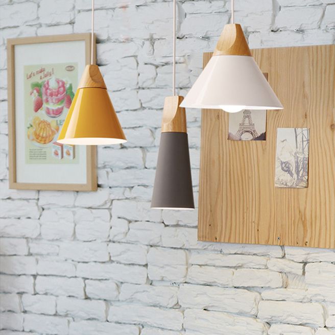 1 Light Metal Tapered Pendant Lamp Nordic Style Wooden Top Living Room Hanging Lamp