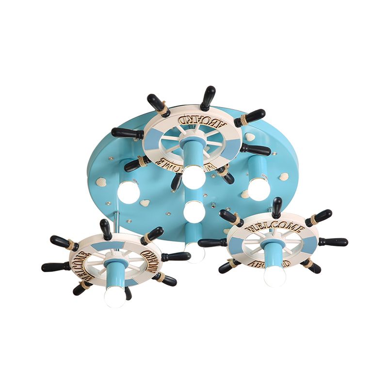 Mada de timón de timón de madera iluminación de montaje mediterráneo 7 bulbos de lámpara de al ras del azul