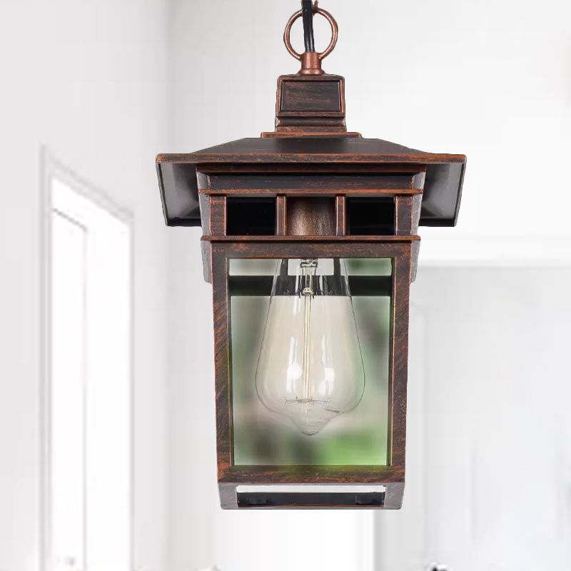 Industrial Lantern Hanging Lighting Metal and Clear Glass 1 Light Black/Bronze/Gold Outdoor Pendant Lamp for Porch