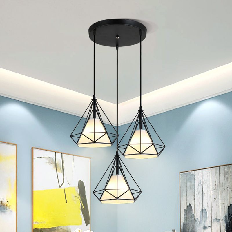 3 Heads Hanging Pendant Light with Diamond Cage Shade Metal Industrial Dining Room Ceiling Lamp in Black