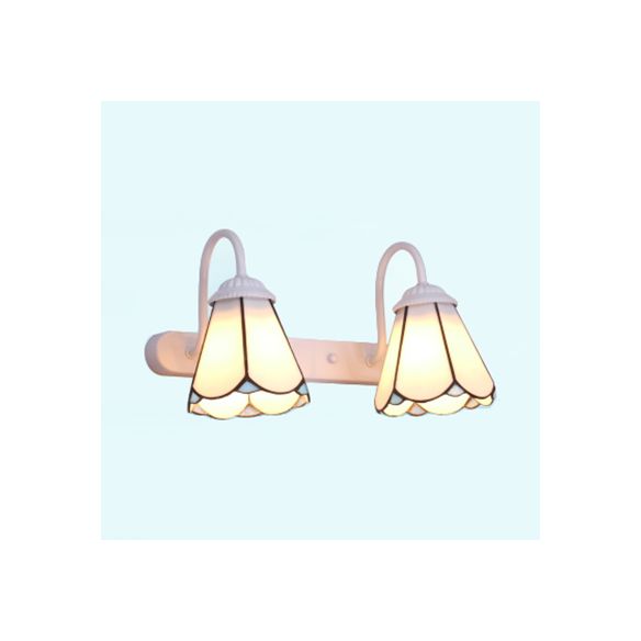 2 Heads Vanity Lighting Fixture Tiffany Cone White/Blue Glass Wall Mounted Light for Bedroom