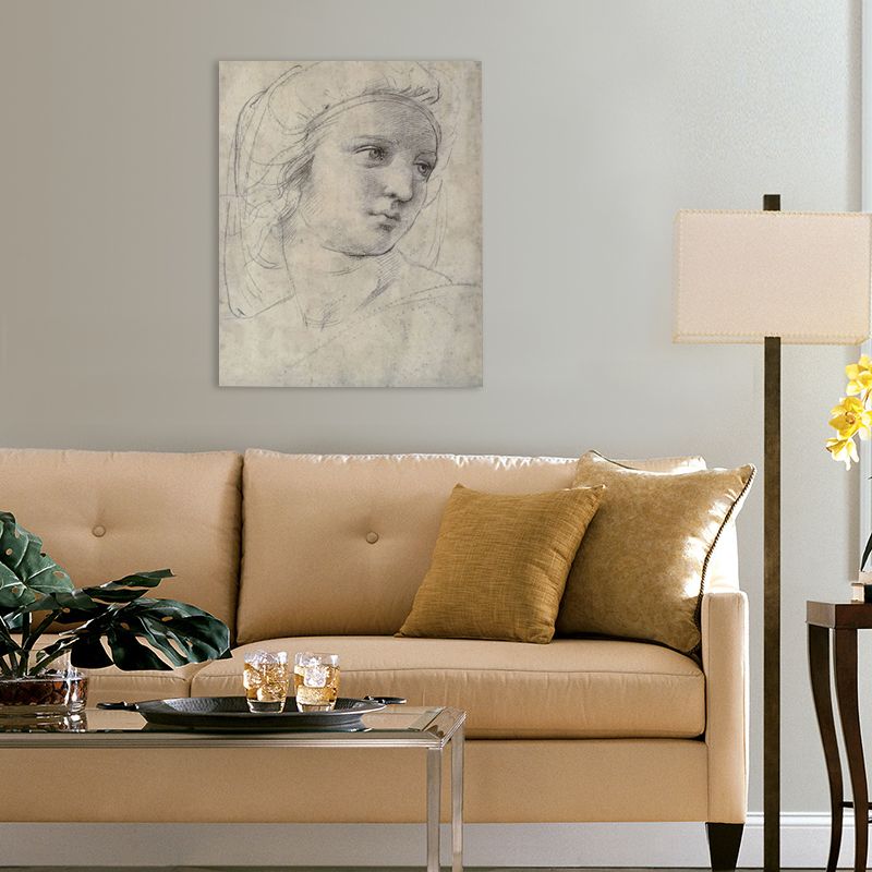 Pencil Portrait of Muse Canvas Print Minimalist Textured Wall Art for Dining Room