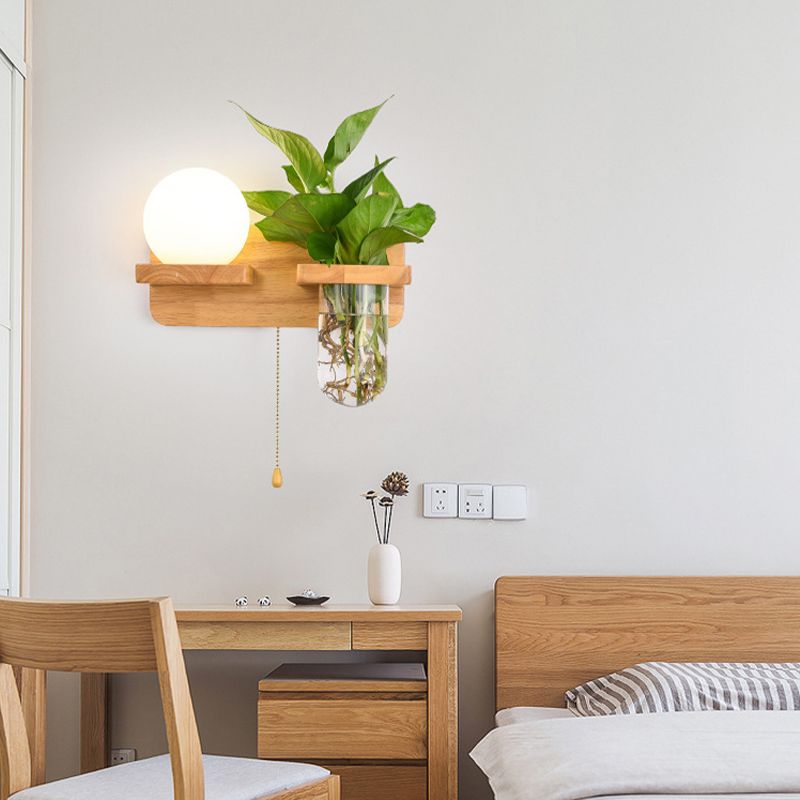 Modern Style Ball Shape Wall Light Wood 1 Light Sconces for Bedroom without Plant