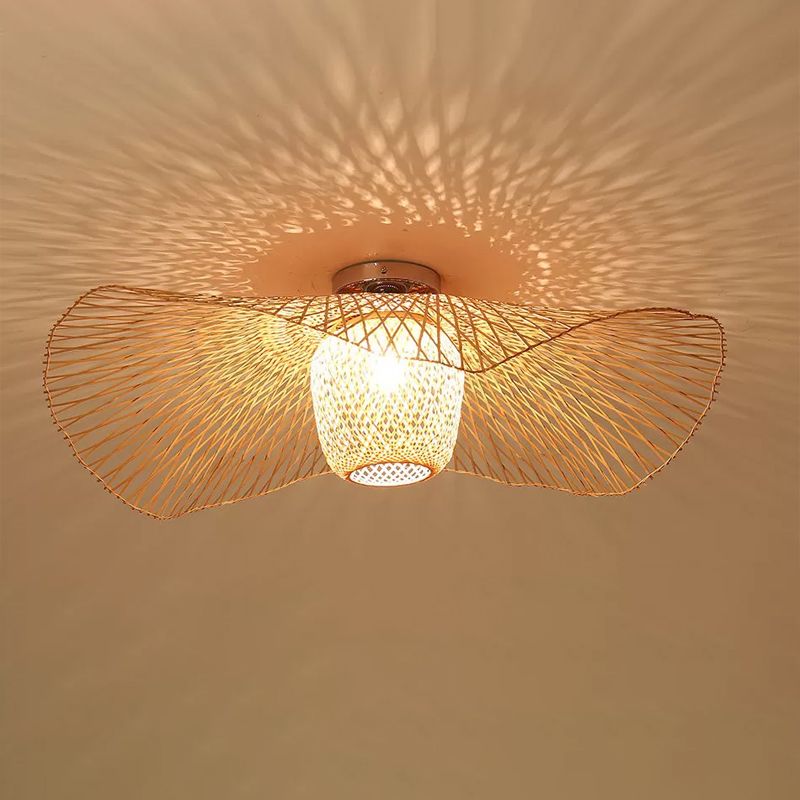 Modern Stylish Floppy Hat Flush Mount Bamboo Weaving 1-Light 25.5"/29.5" Wide Clothing Store Ceiling Light Fixture in Wood