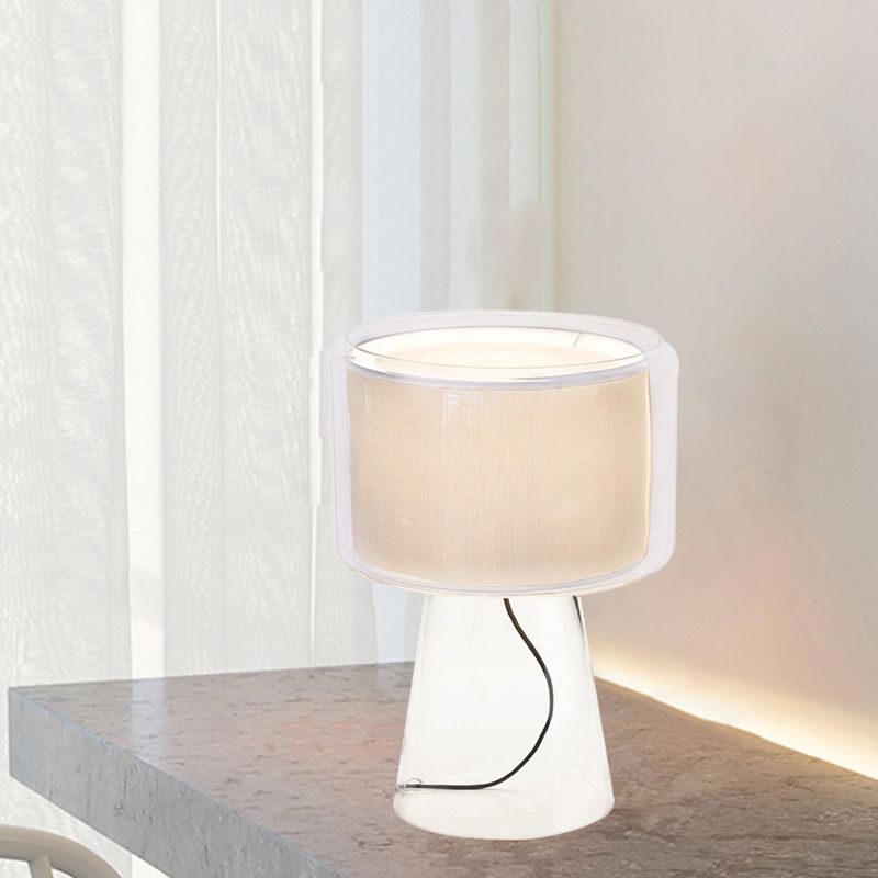 Clear Glass Fungus Plug-In Night Lamp Modernist Single White/Beige Table Light with Gathered Fabric Shade Inside