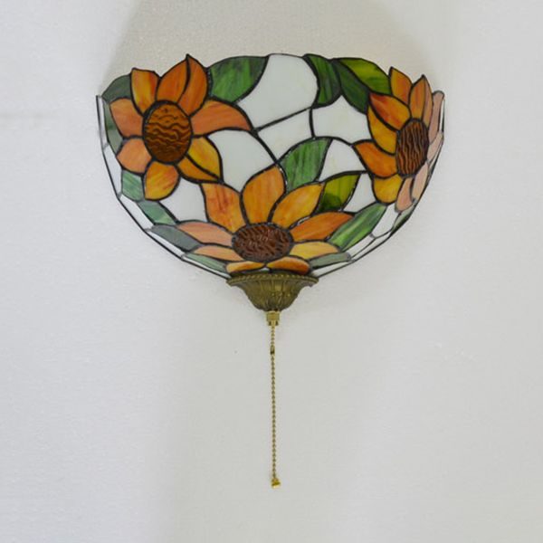Stained Glass Sunflower Wall Sconce Light with Pull Chain Loft Retro 1 Head Wall Light in Orange and Green
