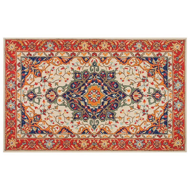 Red Tone Floral Print Rug Polyester Carpet Antique Anti-Slip Backing Indoor Rug for Living Room