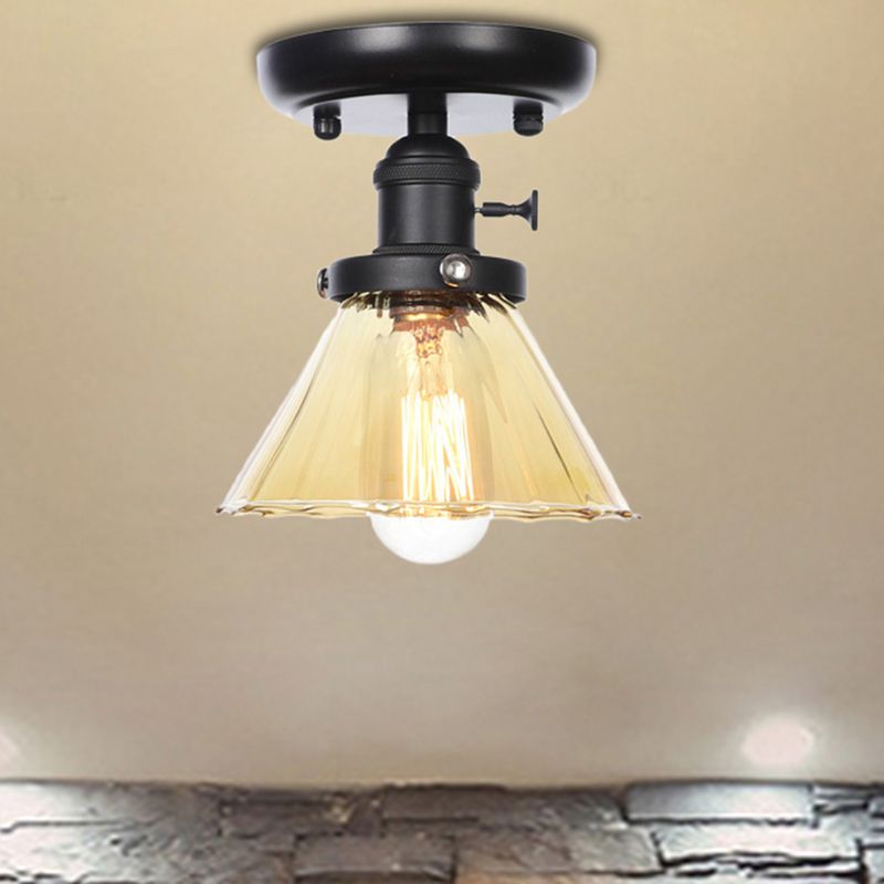 1 Bulb Semi Flush Mount Clear/Amber Glass Industrial Cone/Rhombus/Bell Ceiling Light for Kitchen