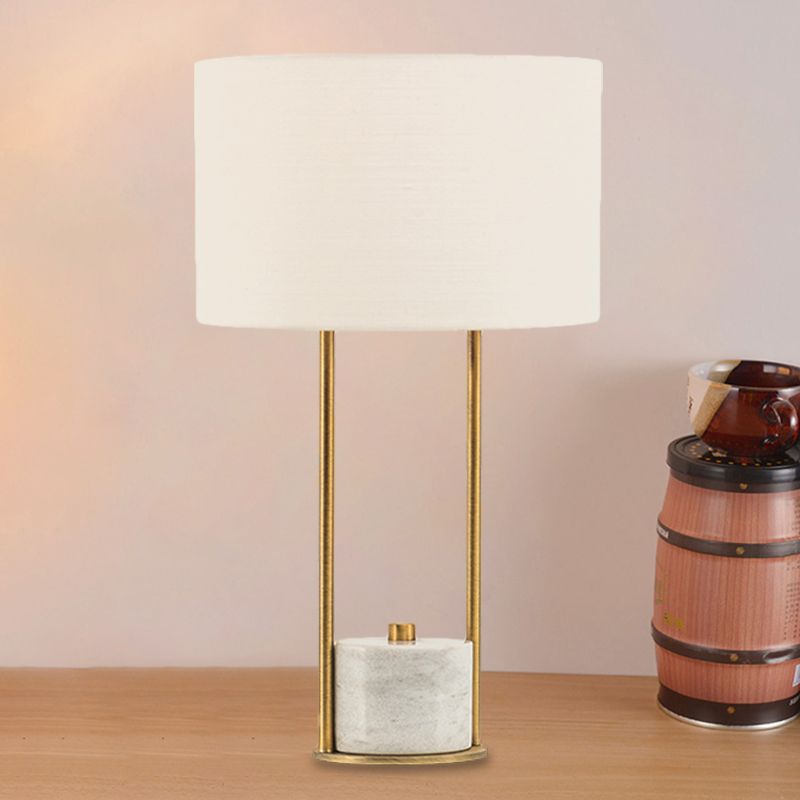 Cylinder Nightstand Lighting Modern Fabric 1 Head Bedroom Night Lamp in White/Beige with Marble Base