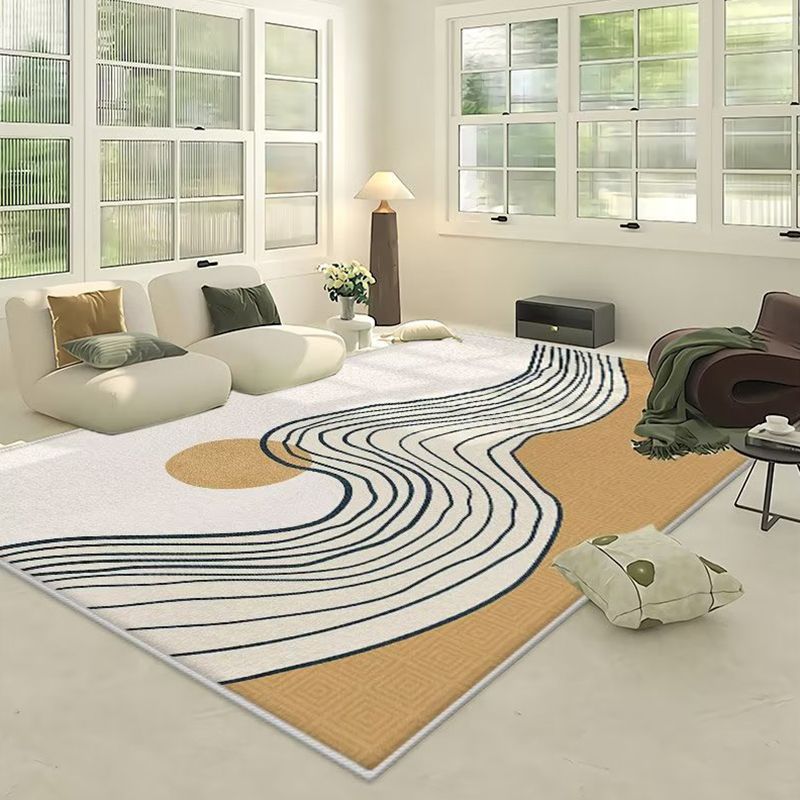 Modern Irregular Line Rug Beige Polyester Rug Washable Rug for Drawing Room