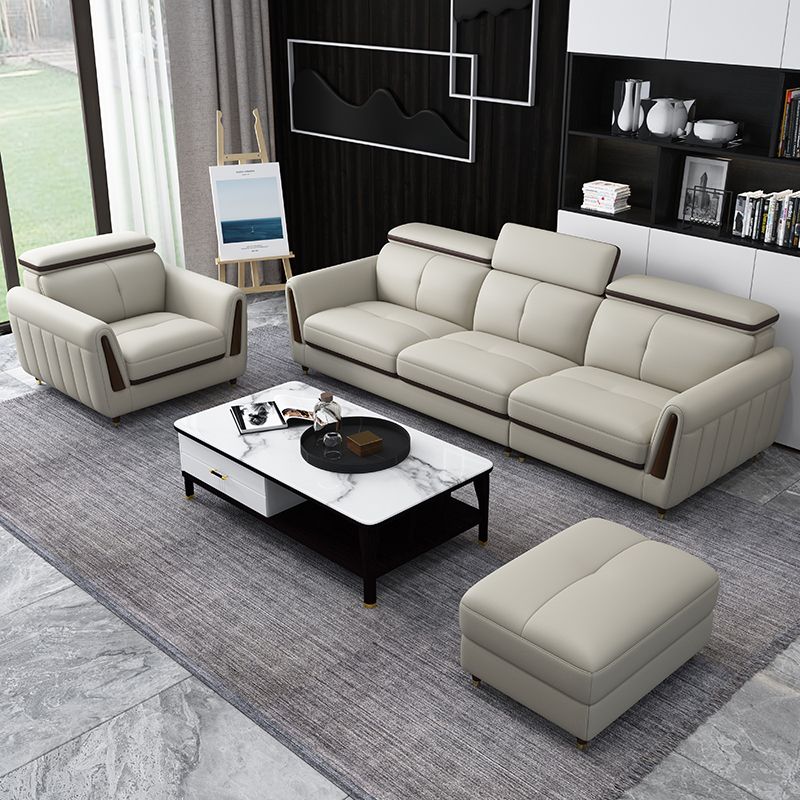 Scandinavian Stain-Resistant Genuine Leather Light-grey Sofa & Chaise